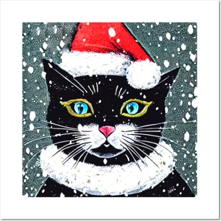 Black Cat Santa Hat Posters and Art